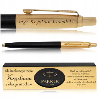 Tradičné modré guľôčkové pero Parker + ORIGINÁLNA DARČEKOVÁ KRABIČKA PARKER + ZLATÁ PLATNIČKA S GRAVÍROVANÝM VENOVANÍM